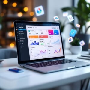 Laptop displaying digital marketing analytics dashboards with charts, graphs, and performance metrics on a modern workspace.