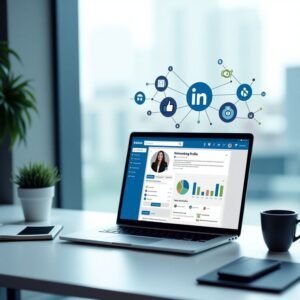 Laptop displaying a LinkedIn networking profile and analytics dashboard on a modern desk, with LinkedIn connection icons floating in the background.